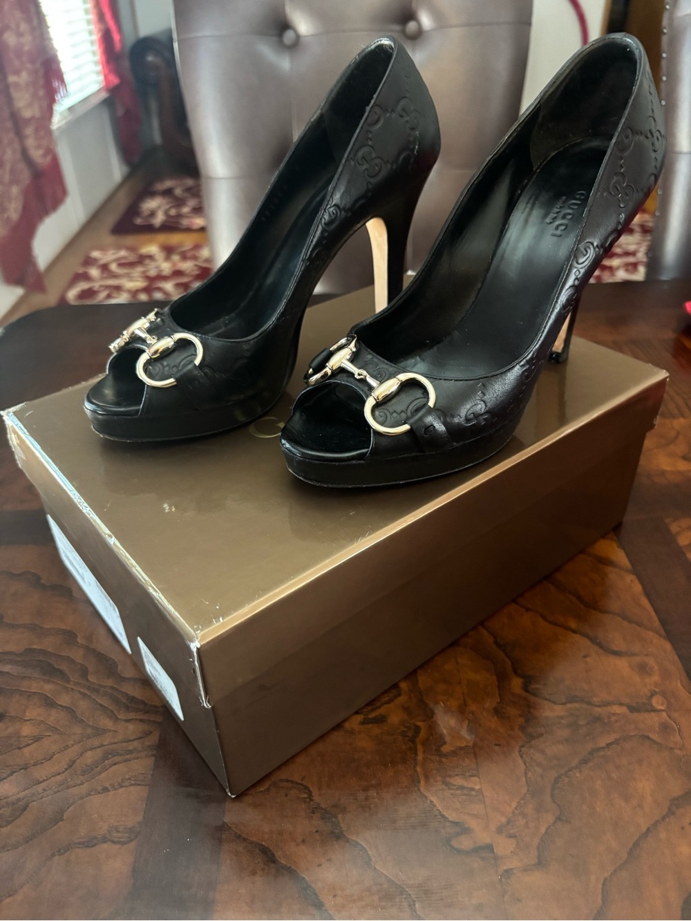 Gucci Black Leather Peep-Toe Heels with Gold Horsebit Accent